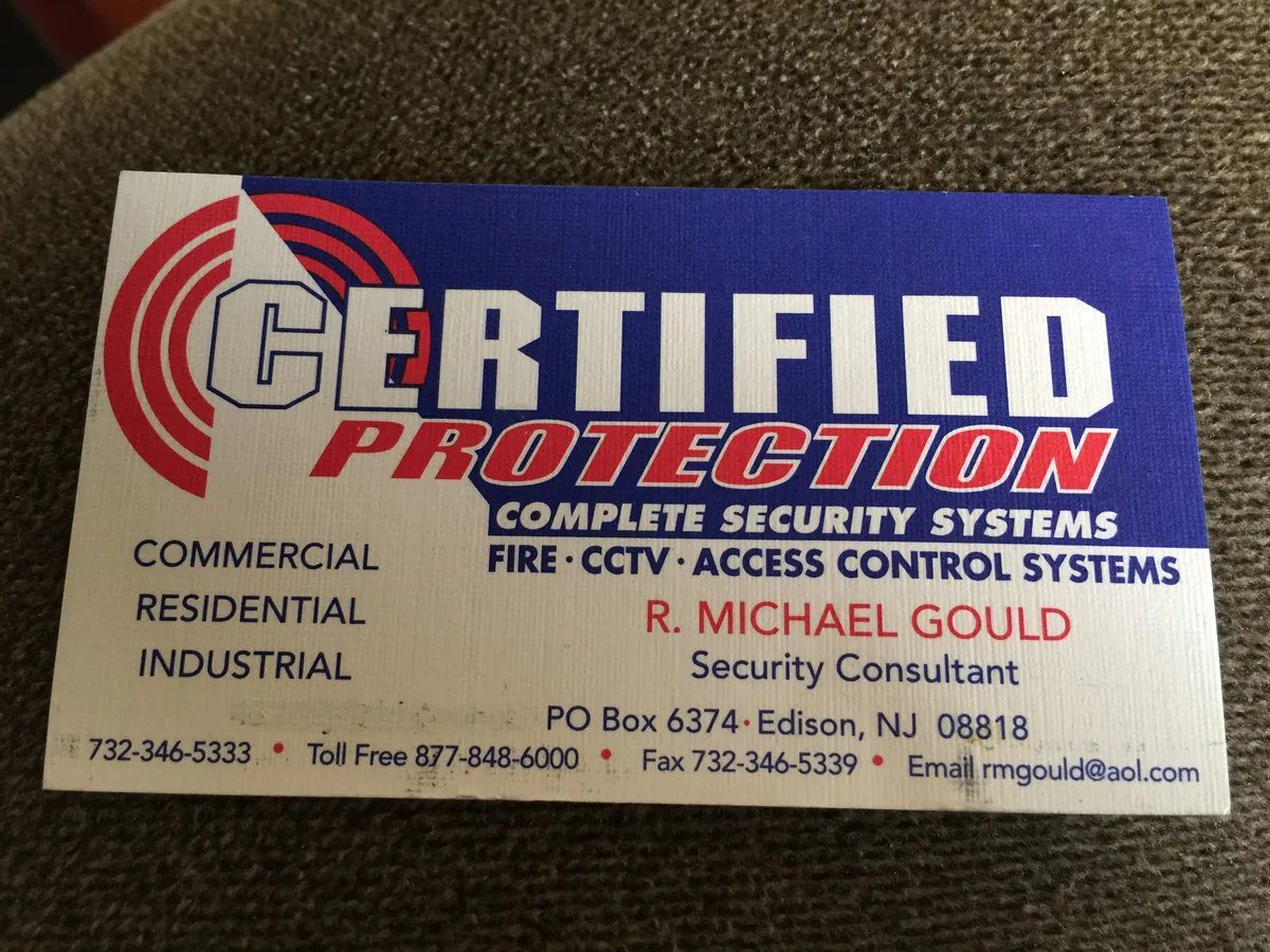 Certified Protection business card, R. Michael Gould, Security Consultant, Edison NJ