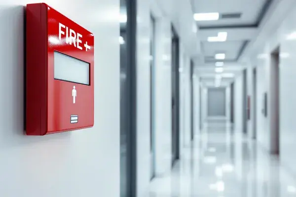Emergency pull station in a school corridor