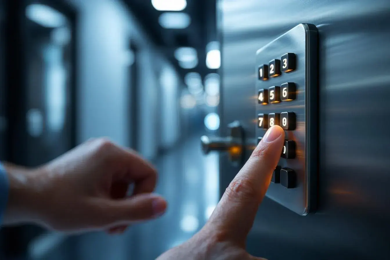 Hand entering a code on an alarm keypad in a dimly lit entryway