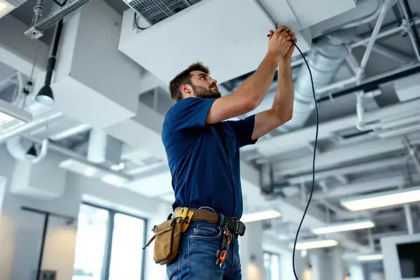 Technician running cable for a commercial security camera in a ceiling