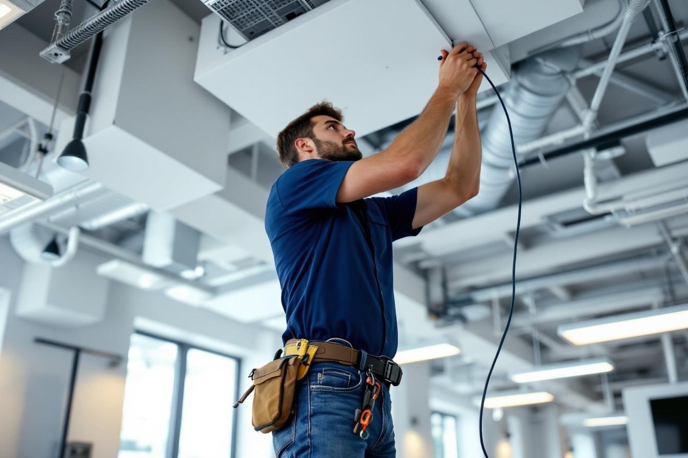 Technician installing security camera